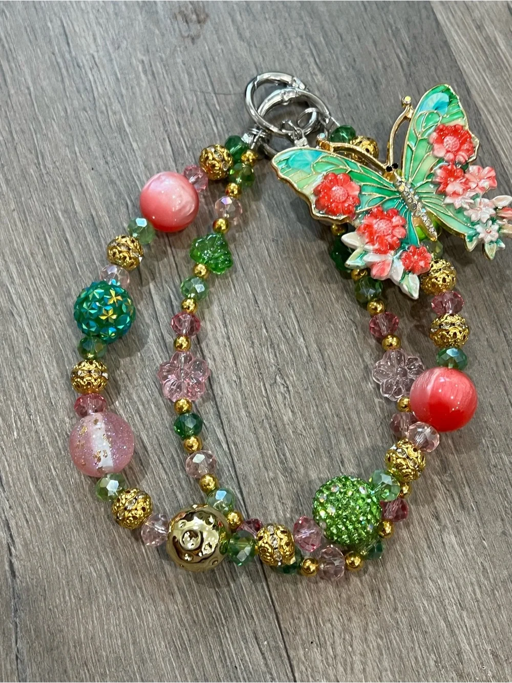Handcrafted Butterfly Charm Beaded Bracelet - Green & Pink